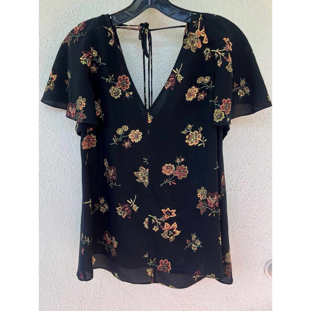 Women A.L.C. Clara Black 100% Silk Flutter Sleeve Floral Blouse Top 2 Teacher